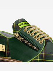 Green plaid shoe with gold accents on a white background
