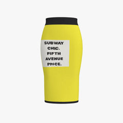 Yellow skirt with a black waistband and white label on a white background