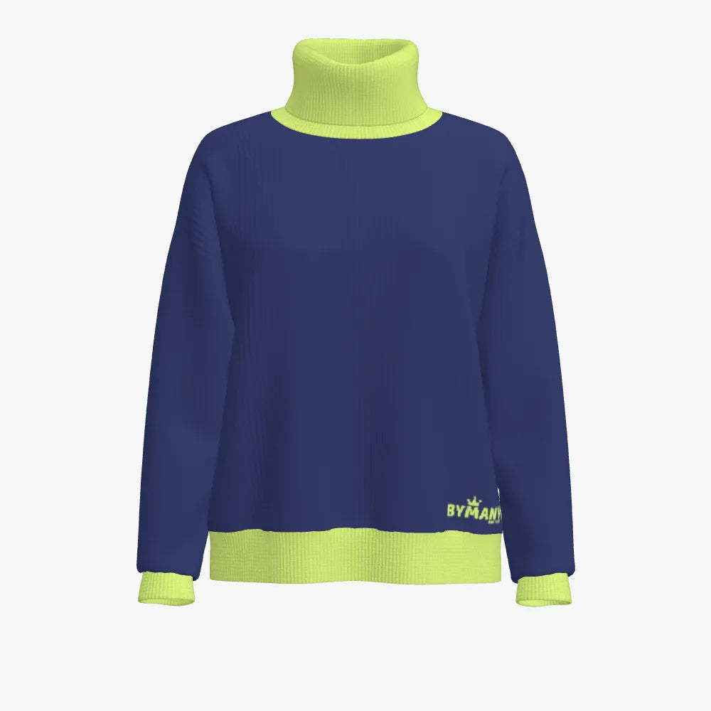 Blue sweater with green collar and cuffs on a white background