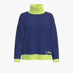 Blue sweater with green collar and cuffs on a white background