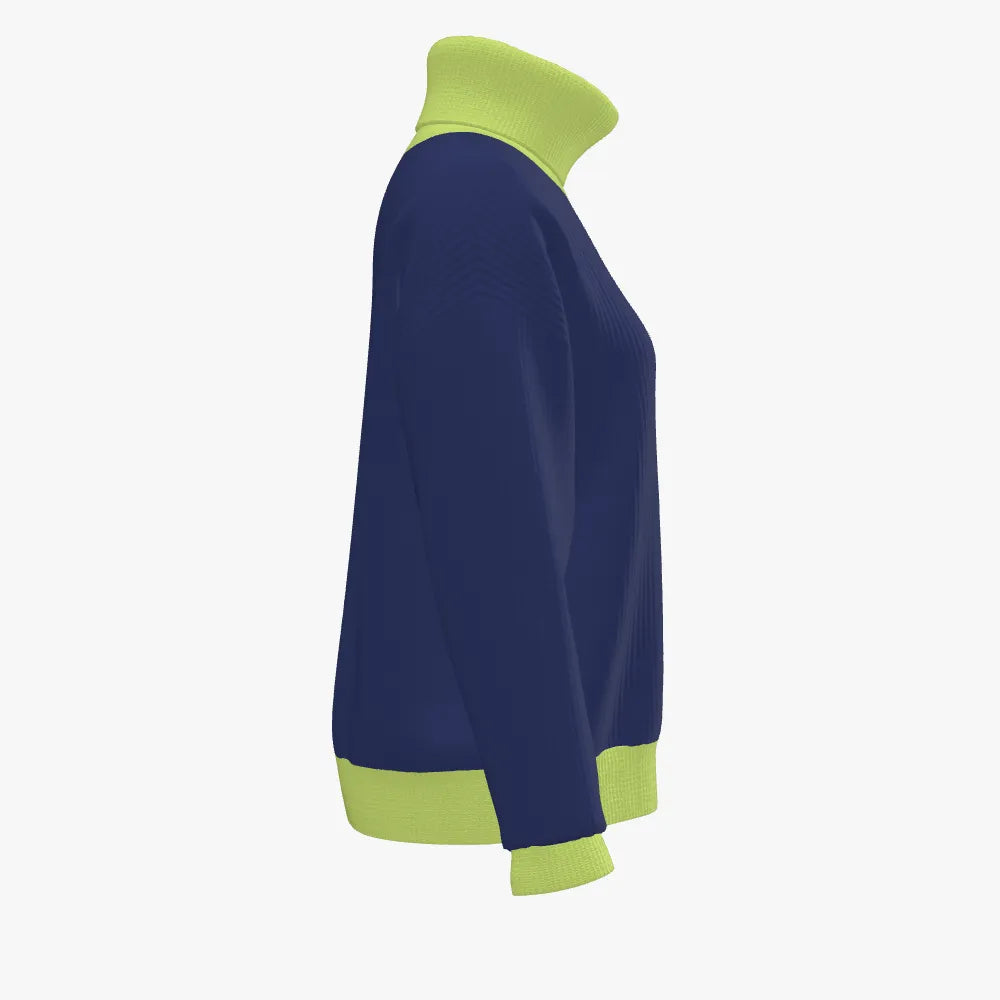Navy blue sweater with green cuffs and collar on a white background