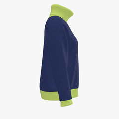 Navy blue sweater with green cuffs and collar on a white background