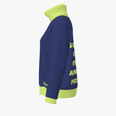 Navy blue and green sweatshirt with text on a white background