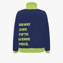 Navy blue jacket with yellow text on a white background