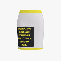 White skirt with yellow trim and black text on a white background