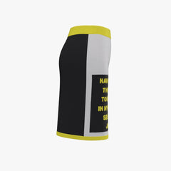 Black and yellow knee sleeve with text on a white background