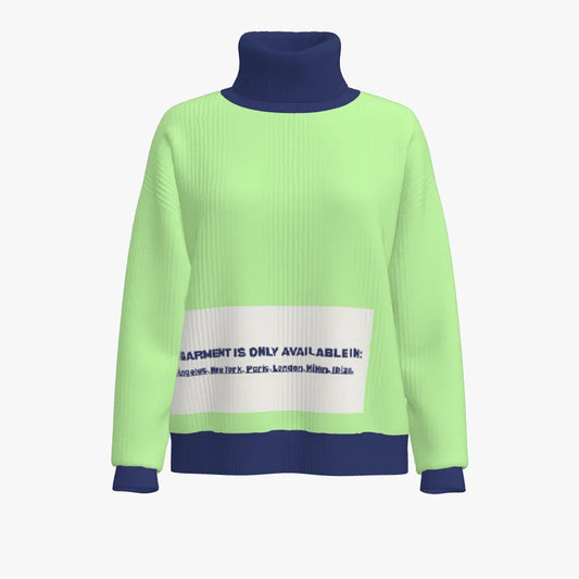 Green sweater with blue collar and cuffs on a white background