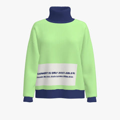 Green sweater with blue collar and cuffs on a white background