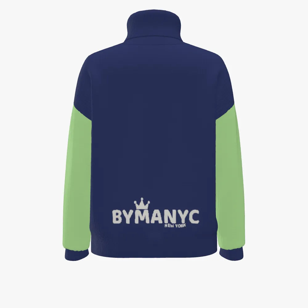 Navy and green jacket with 'BY MANYC' logo on a white background