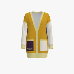Color-blocked cardigan with a visible brand logo on a white background
