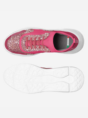 Pink glittery sneaker with white sole on a white background