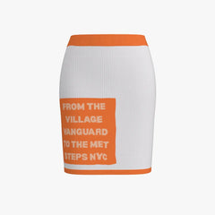White skirt with orange text and border on a white background