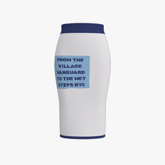 White ribbed skirt with blue text and trim on a white background