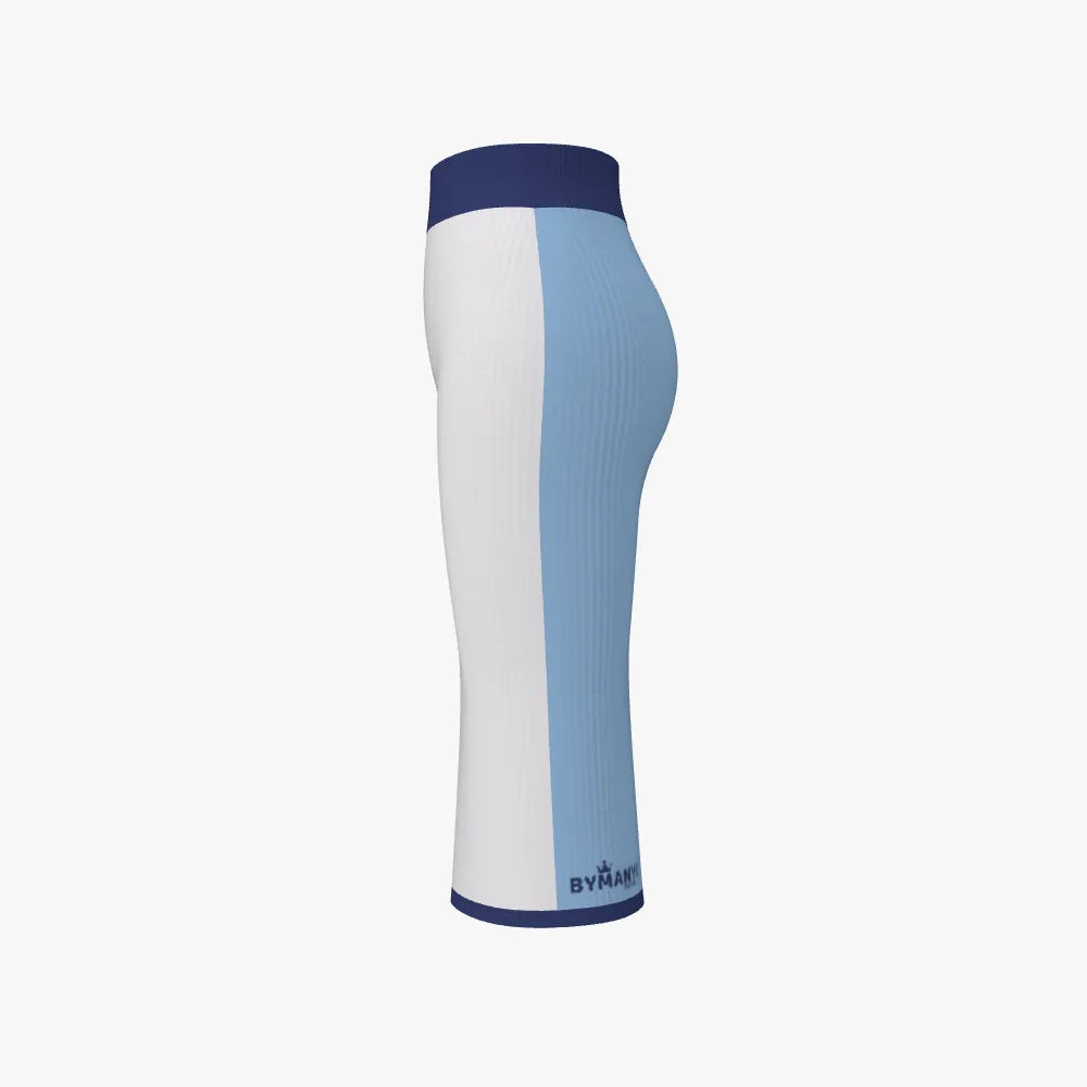 White and blue knee-high sock with a brand logo on a white background