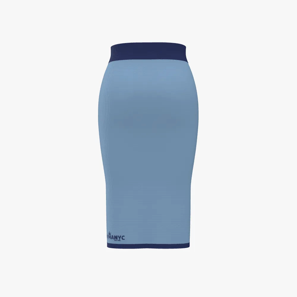 Blue pencil skirt with navy band on a white background