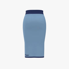 Blue pencil skirt with navy band on a white background
