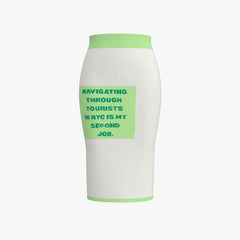 White ribbed knit skirt with green text and trim on a white background