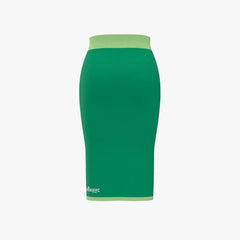 Green pencil skirt with a white brand logo on a white background