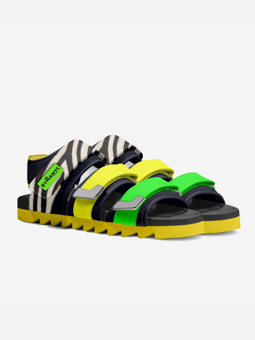 Colorful sandals with zebra pattern on a white background