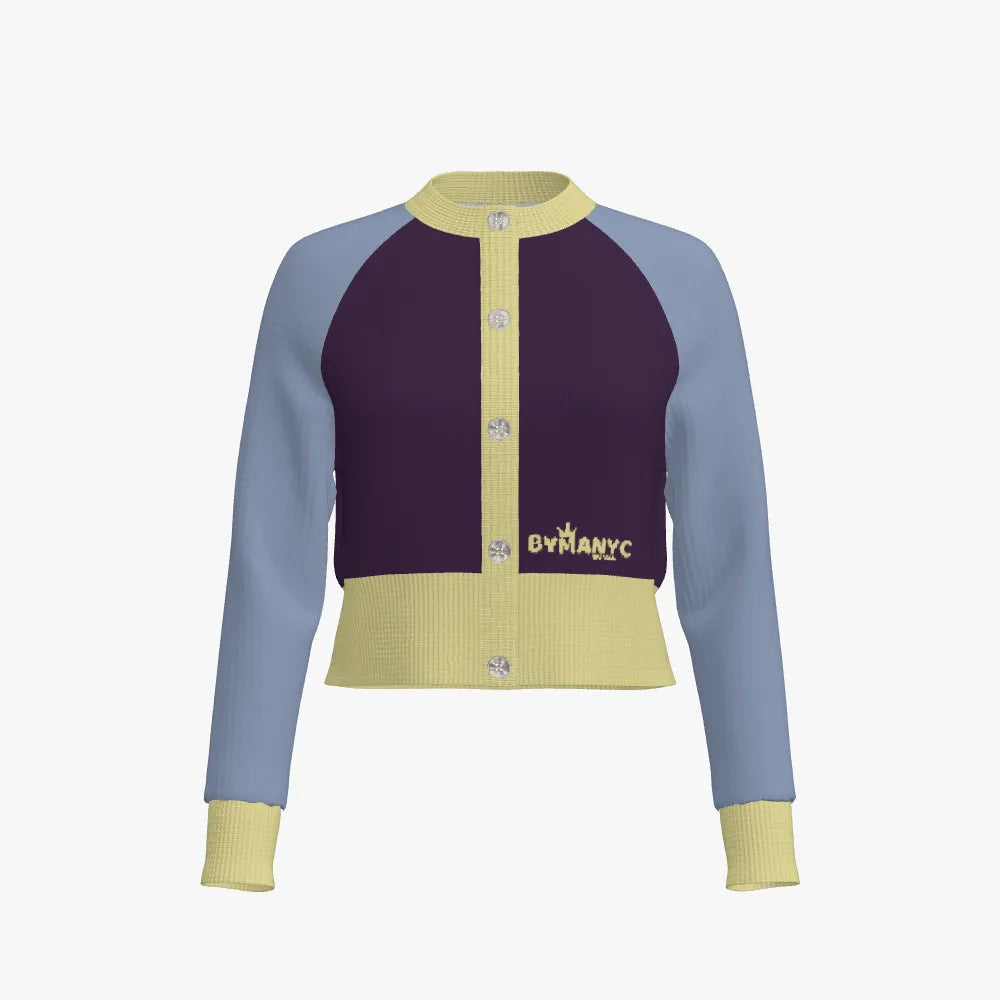 Color-blocked cardigan with purple, blue, and yellow sections on a white background