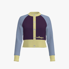 Color-blocked cardigan with purple, blue, and yellow sections on a white background