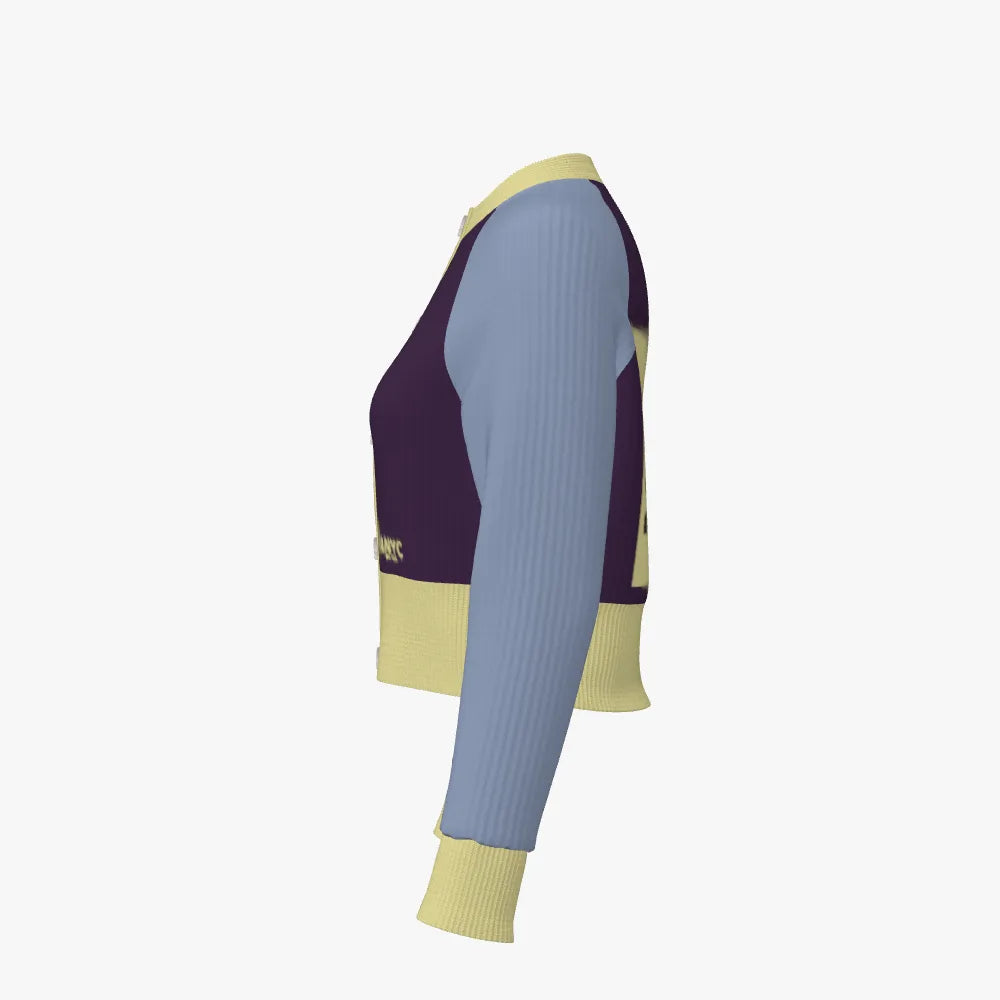 Color-blocked sweater with purple, blue, and yellow sections on a white background