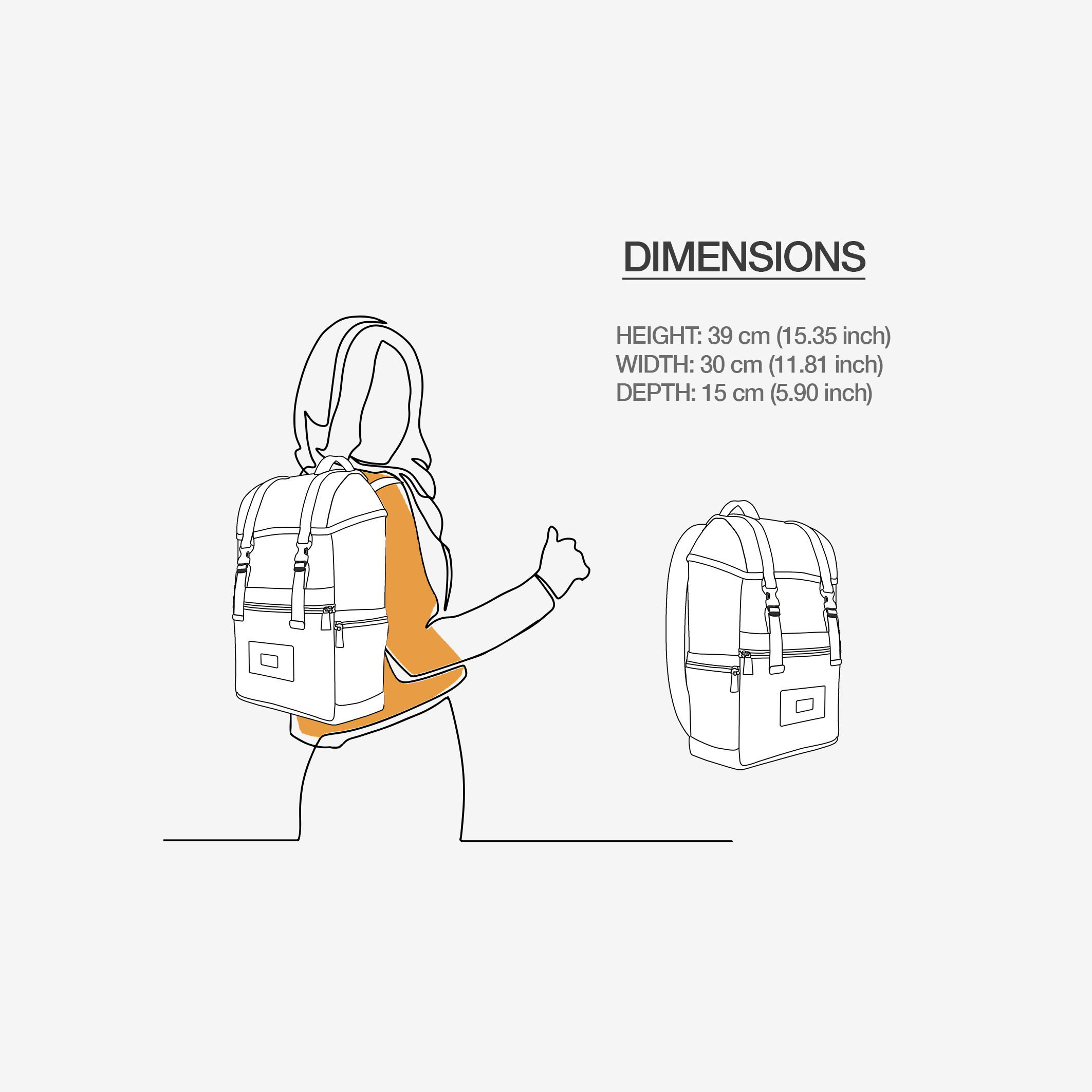 Diagram showing a person wearing a backpack with dimensions displayed.