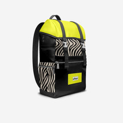 Black backpack with zebra pattern and yellow accents on a white background