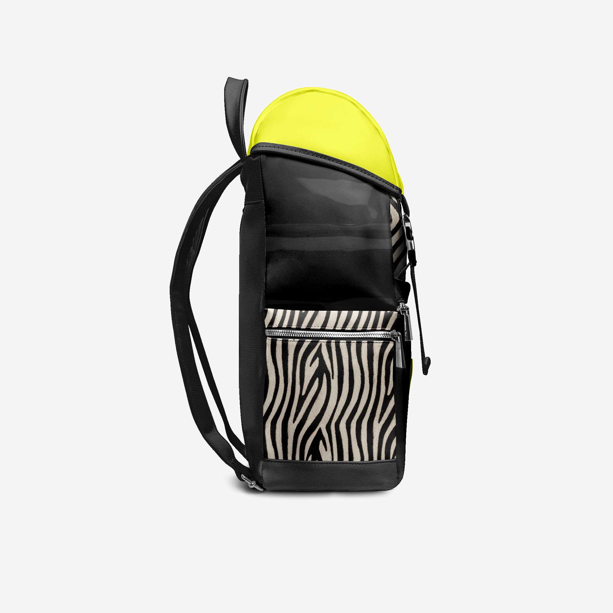 Backpack with zebra pattern compartment and yellow top on a white background