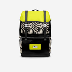 Backpack with zebra pattern and yellow accents on a white background