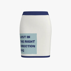 Skirt with text 'Lost in the Right Direction NYC' on a white background