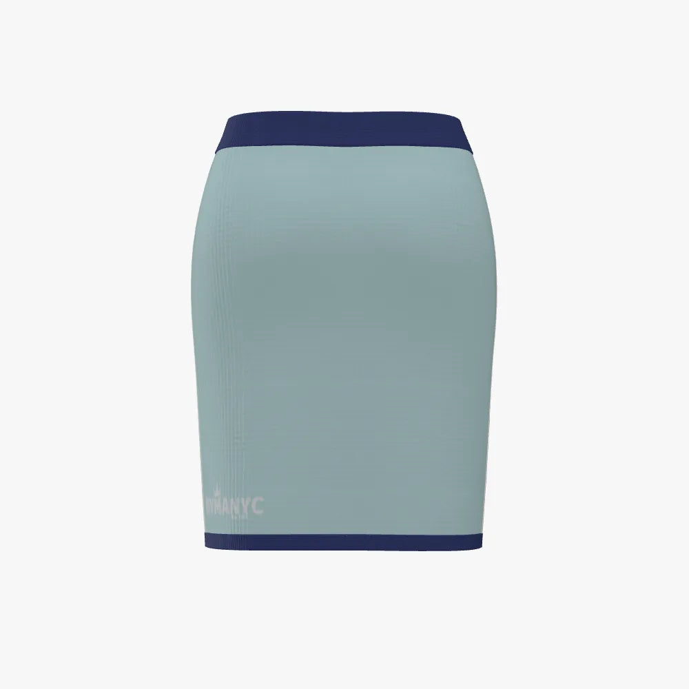 Light blue skirt with navy trim on a white background