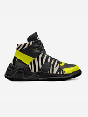 Black and zebra-striped sneaker with bright yellow accents on a white background