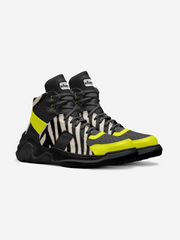High-top sneakers with zebra pattern and yellow accents on a light gray background