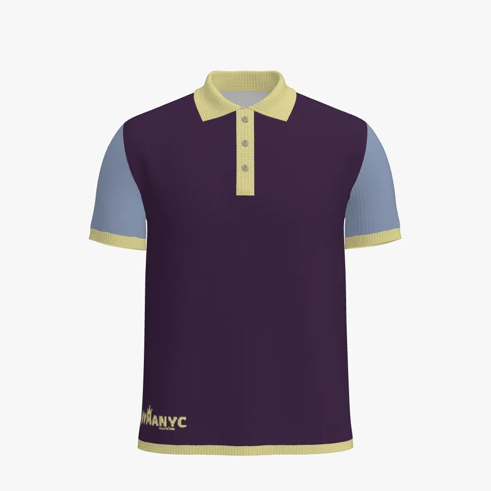 Navy blue polo shirt with light blue sleeves and yellow accents on a white background