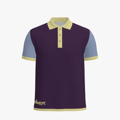 Navy blue polo shirt with light blue sleeves and yellow accents on a white background
