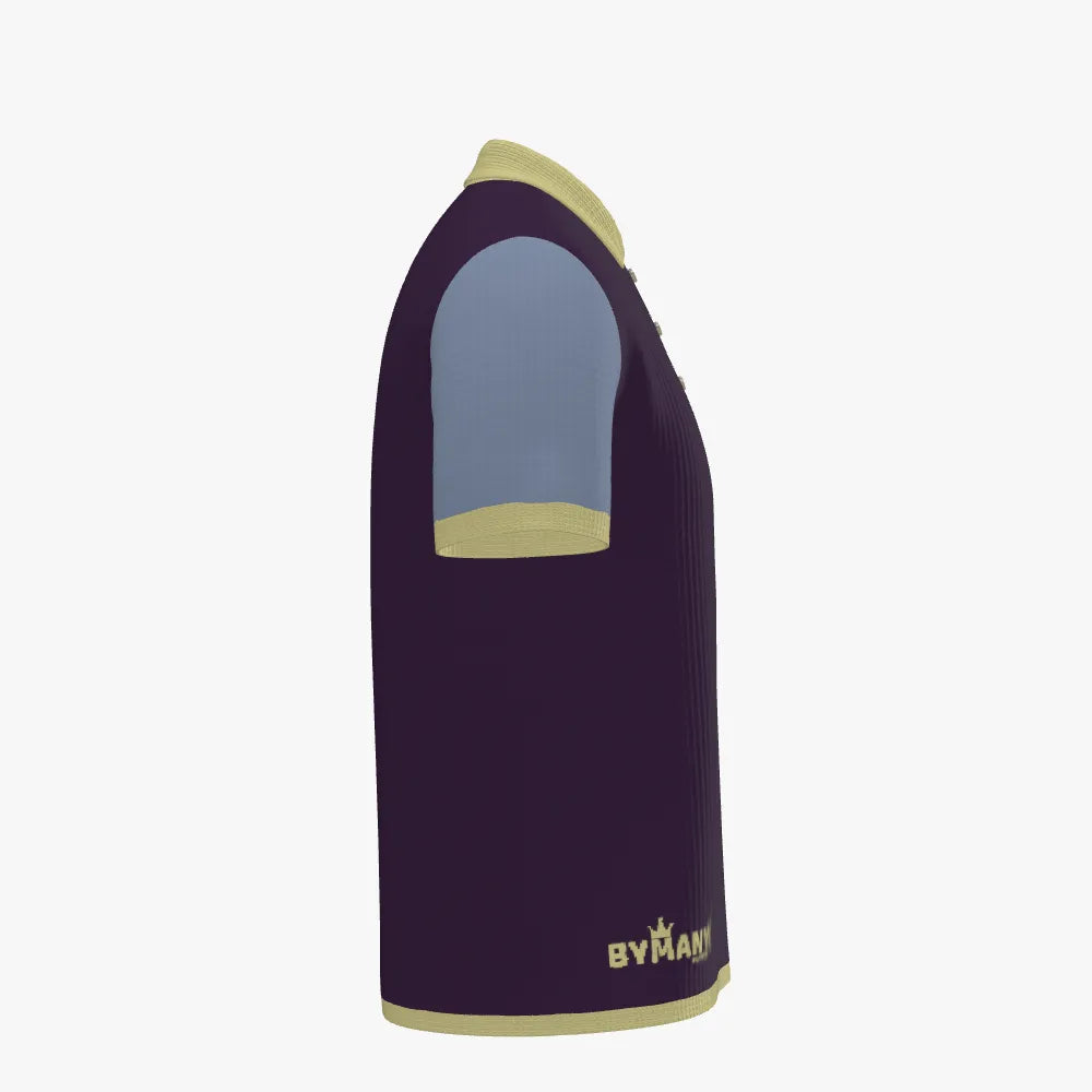 Purple sleeveless top with a light blue and beige design on a white background