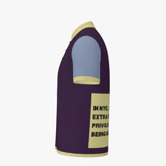 Purple and yellow garment with text on a white background