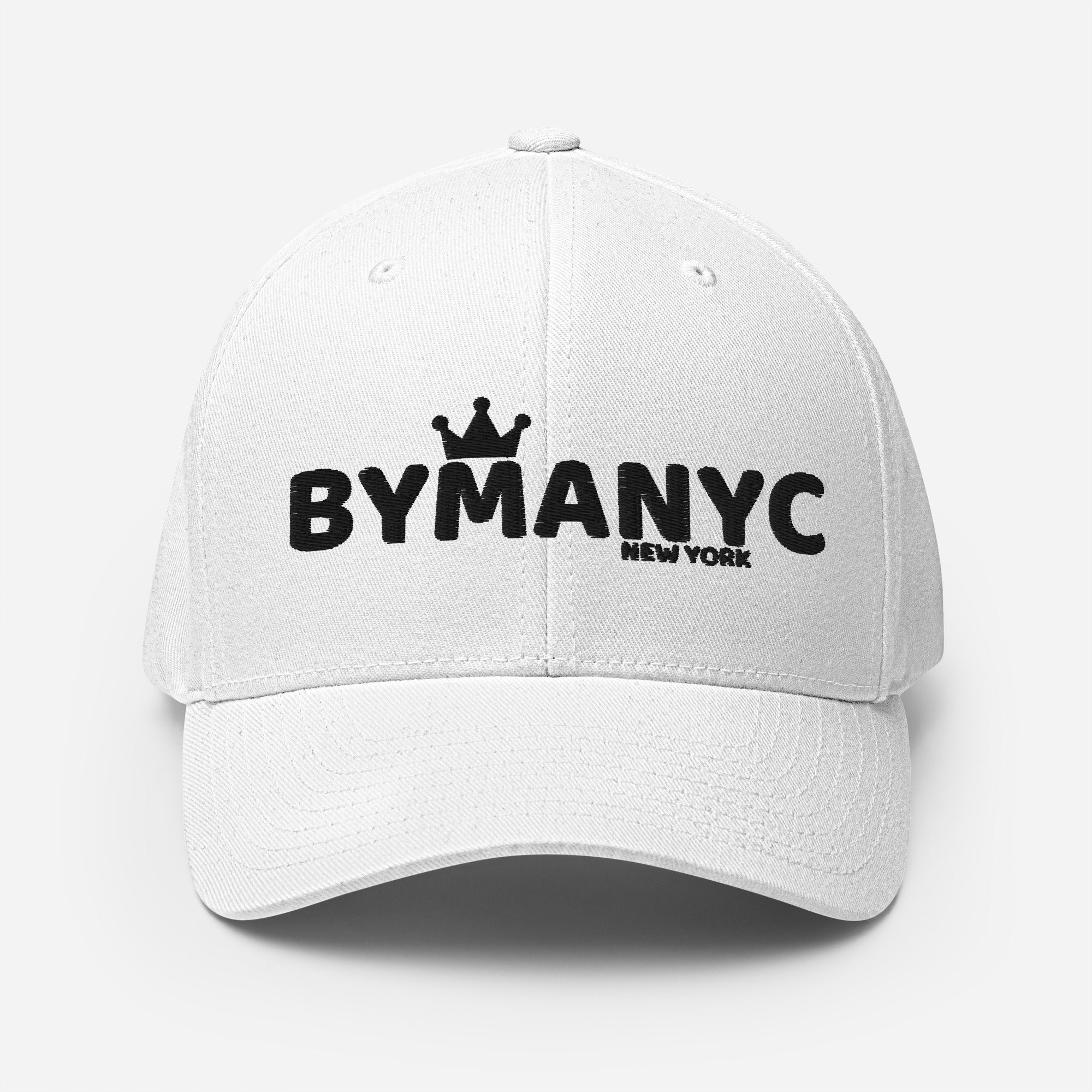 White cap with 'BYMANYC New York' text on a white background