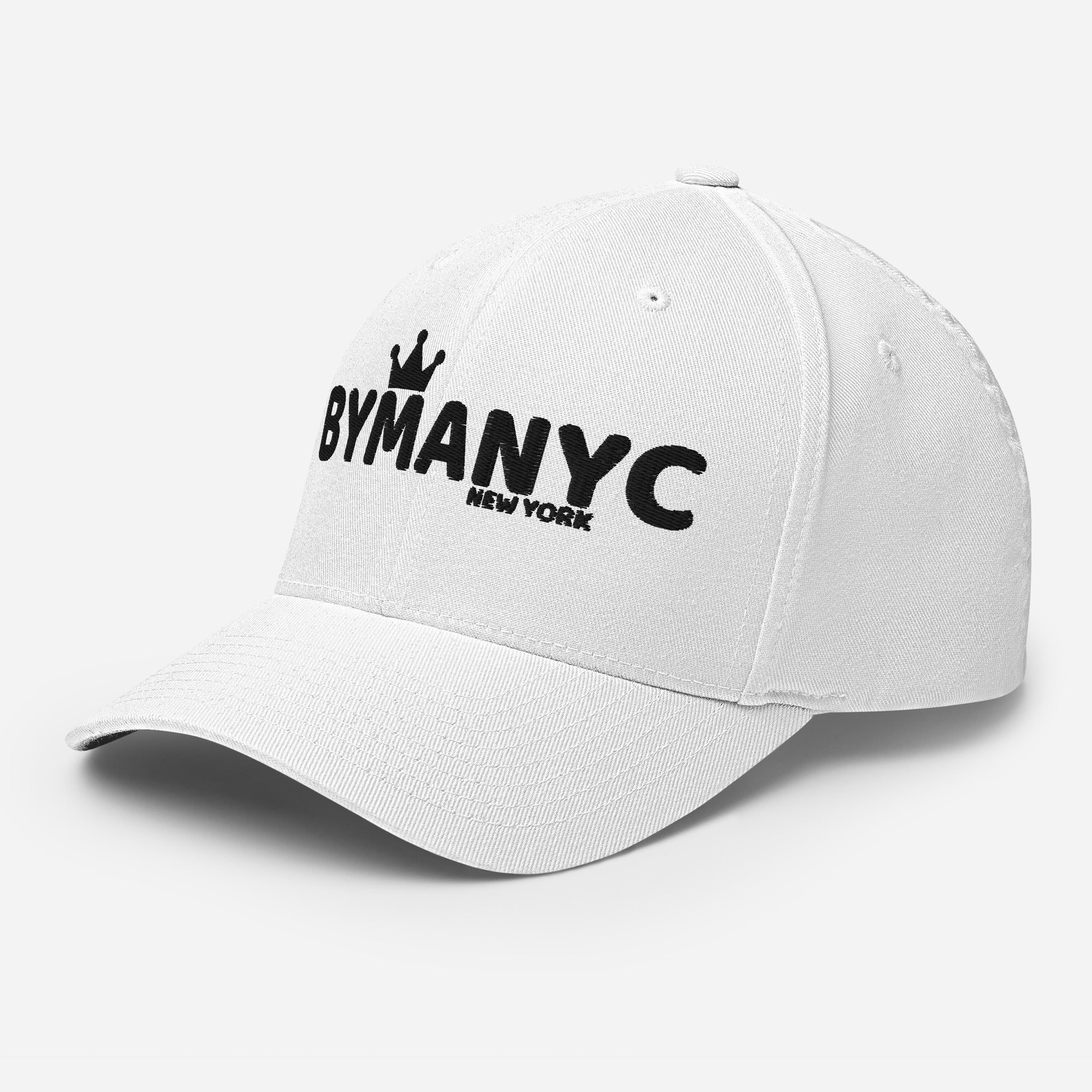 White cap with 'BYMANYC NEW YORK' text on a white background