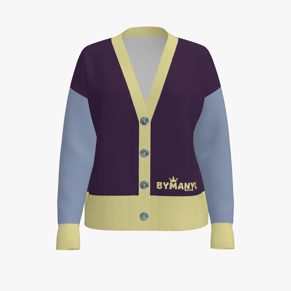 Cardigan with purple, blue, and yellow color scheme on a white background