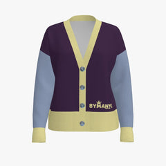 Cardigan with purple, blue, and yellow color scheme on a white background