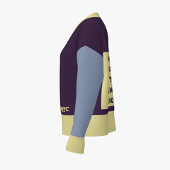 Color-blocked sweater with text on a white background
