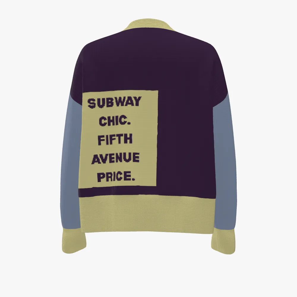 Sweater with text 'Subway Chic. Fifth Avenue Price.' on a white background