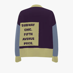 Sweater with text 'Subway Chic. Fifth Avenue Price.' on a white background