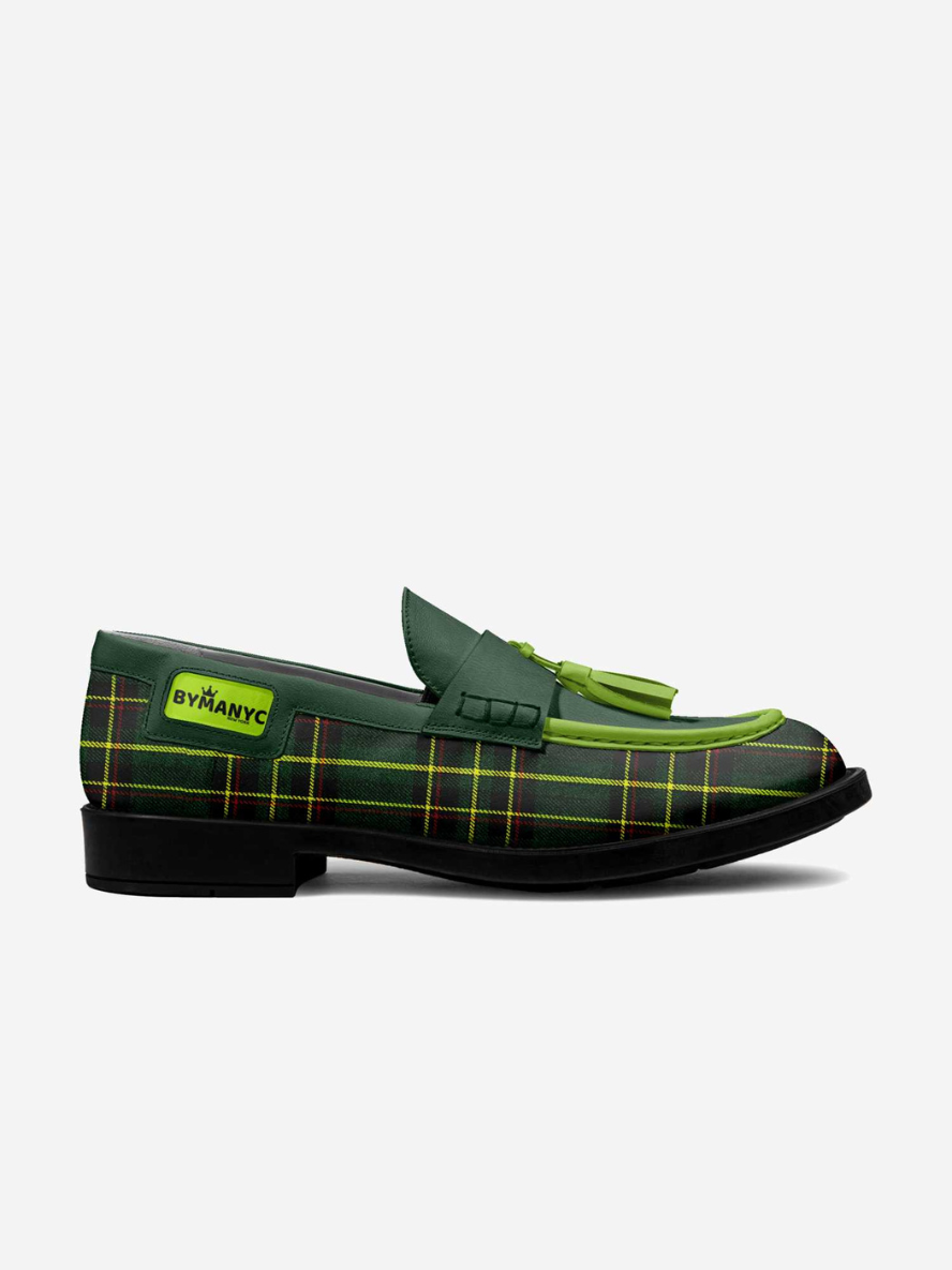 Green plaid loafer with tassel on a white background