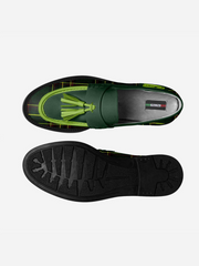 Green loafers with tassel on a white background