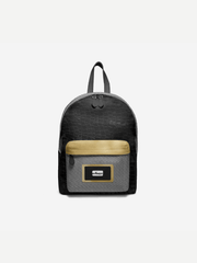Black backpack with a gold patch on a white background