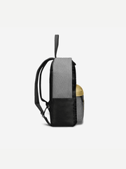 Black backpack with a mesh side pocket on a white background