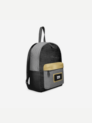 Black and gray backpack with a gold accent on a white background